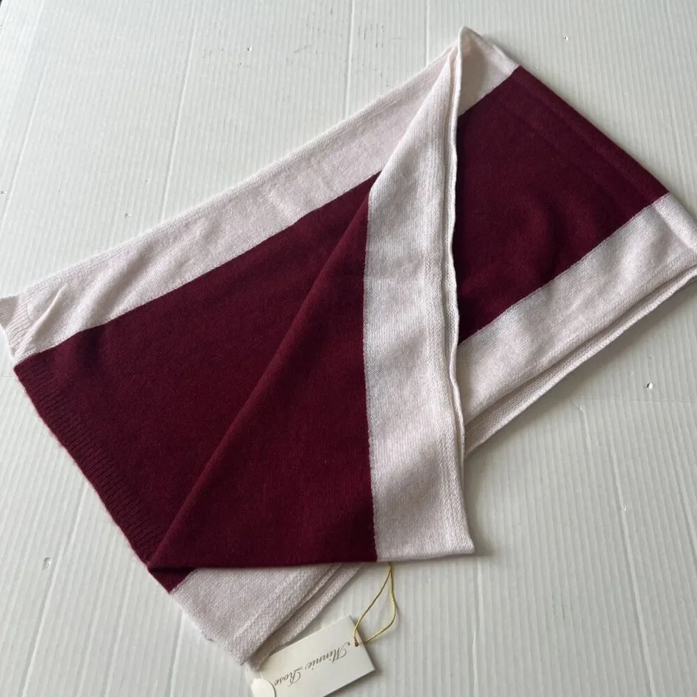 Minnie Rose Unisex 100% Cashmere Color Blocked Sport Scarf Burgundy/White NWT